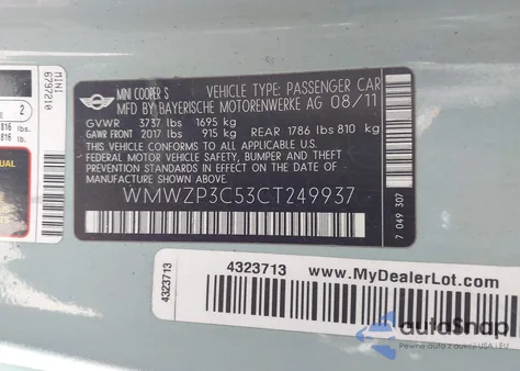 2012 Mini Cooper S z USA, uszkodzony, nr VIN WMWZP3C53CT249937